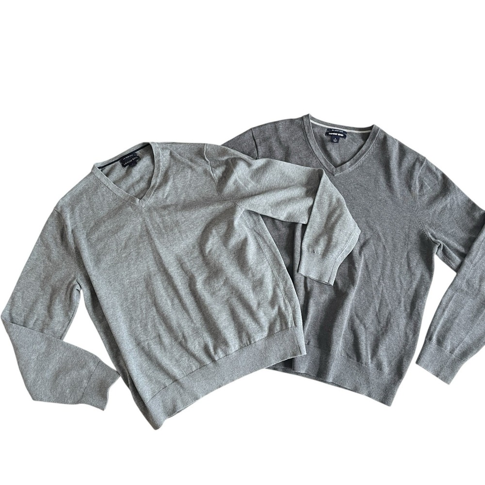 Lands' End Men's Size L, Lot of 2, Gray V-Neck Sweater‎ 100% Supima Cotton